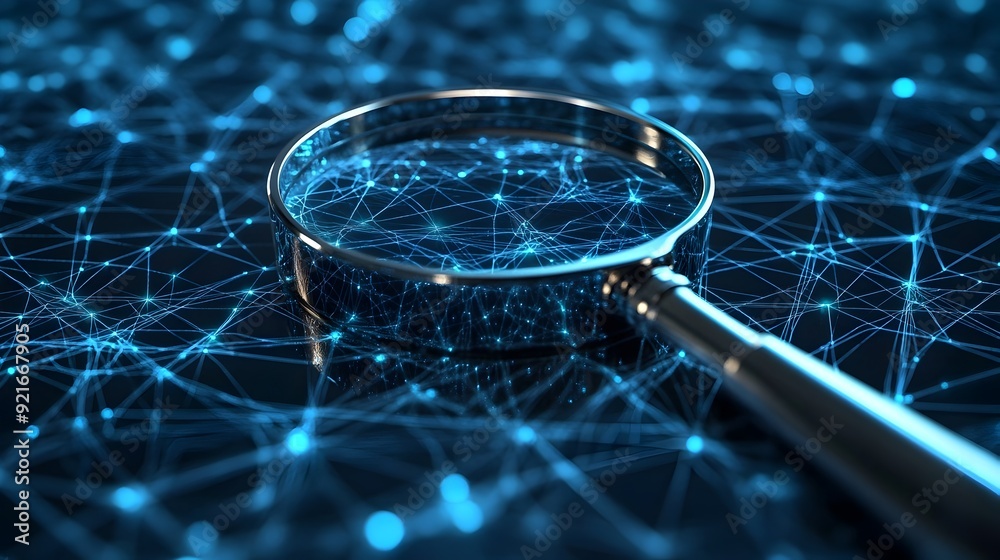 Poster 3D Magnifying Glass Zooming on Complex Digital Network Symbolizing Search Engine Insights