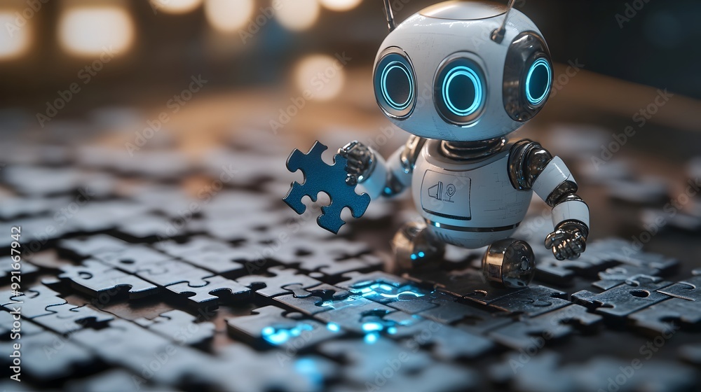 Poster 3D Search Engine Robot Piecing Together Digital Puzzle Symbolizing Assembly of Results