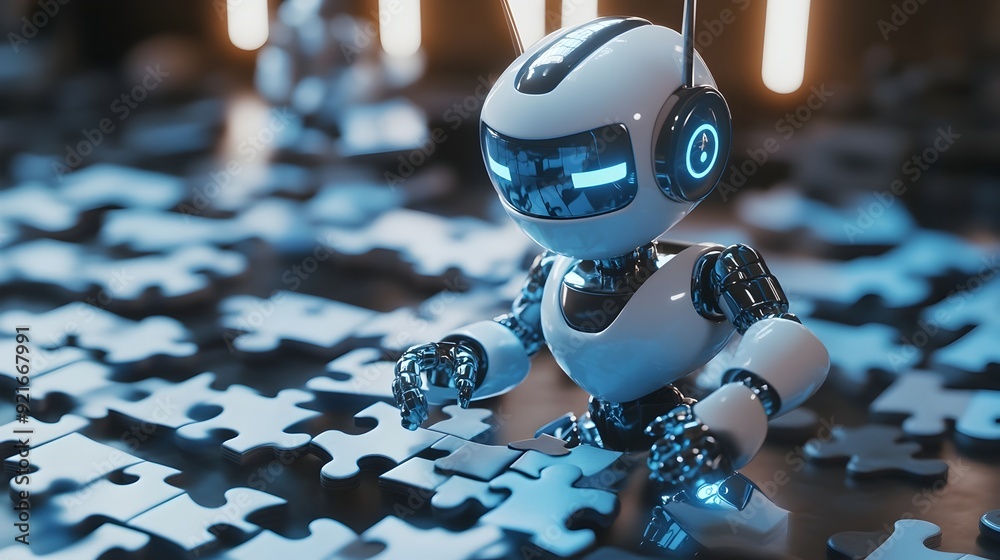 Aufkleber 3D Search Engine Robot Piecing Together Digital Puzzle Symbolizing Information Discovery and Assembly