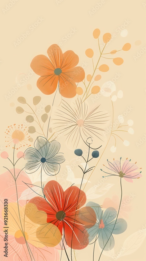 Wall mural colorful floral with soft, simple lines and shapes