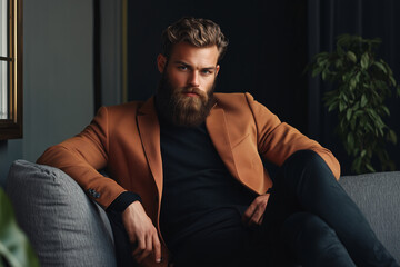 Fototapeta premium Bearded Man in Brown Blazer Relaxing on Couch, Confident and Stylish Indoor Portrait