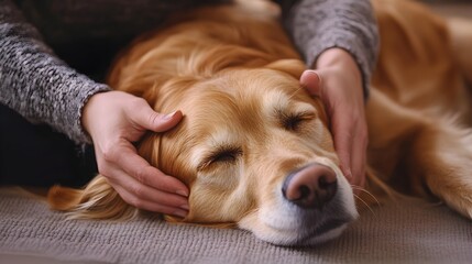 Obraz premium Affectionate Pet Owner Giving Soothing Massage to Resting Golden Retriever on Soft Mat
