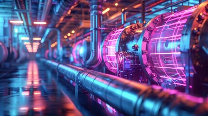Futuristic Industrial Interior with Neon Lights and Advanced Machinery in a High-Tech Facility