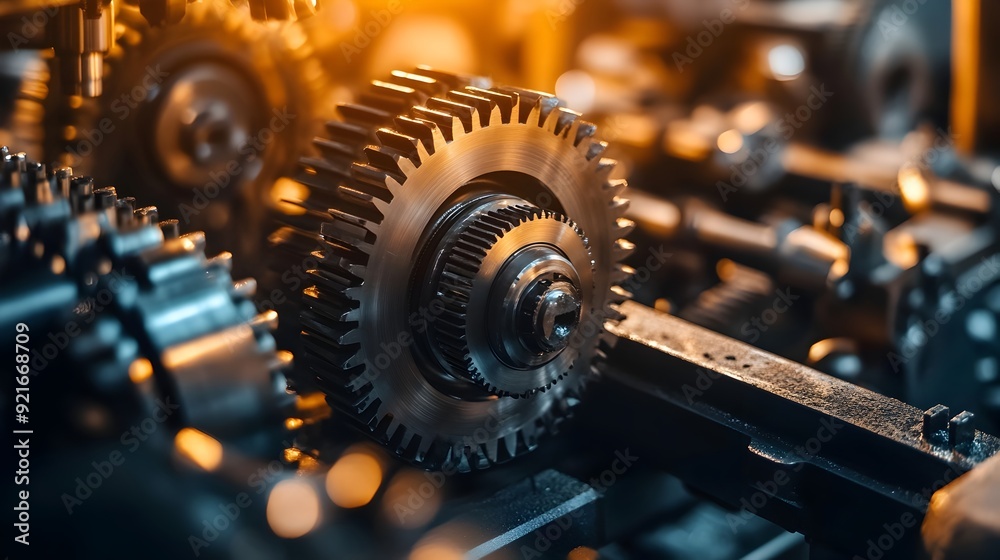 Poster Close up of Intricate Metallic Gears and Cogs in a Illuminated Machine Shop