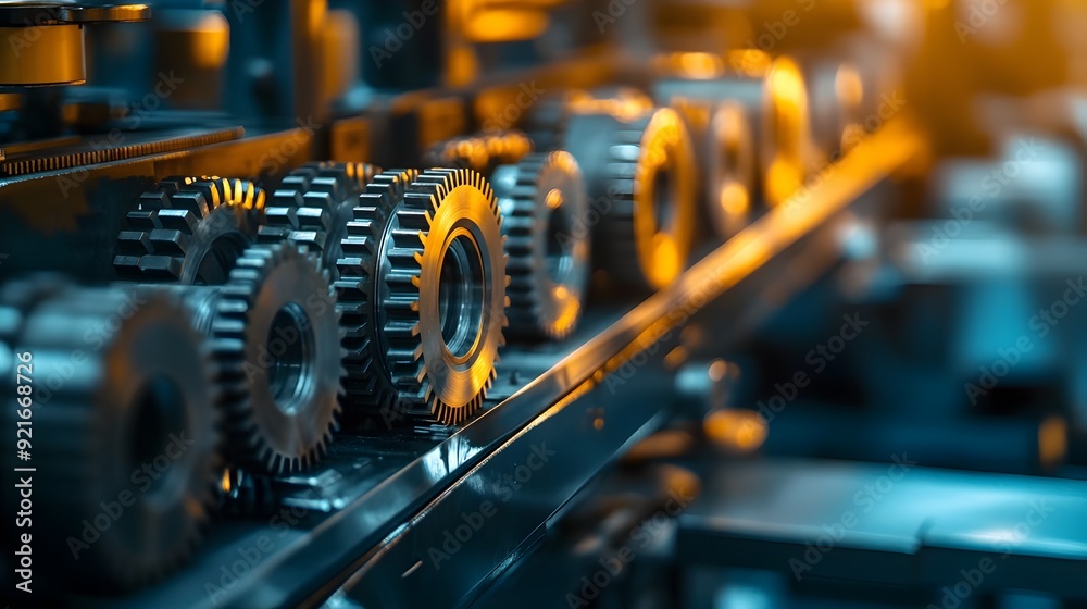 Aufkleber closeup of illuminated gears and cogs in a machine shop