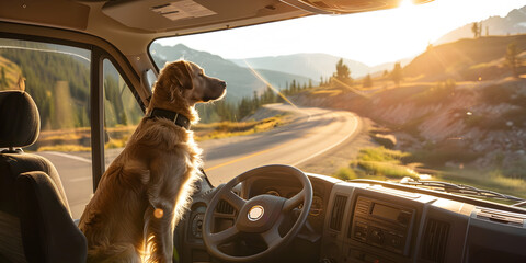 A dog is sitting in the driver's seat of a van. The dog is looking out the window, watching the scenery go by. The van is driving down a road with mountains in the background