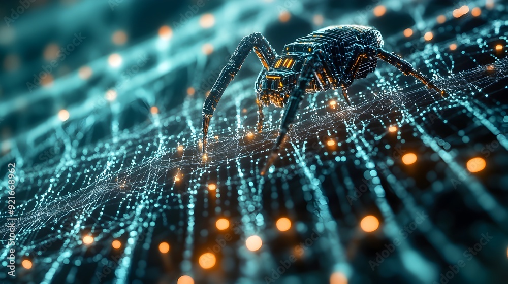 Poster Digital Spider Web Search Engine Robot Navigating Futuristic 3D Landscape