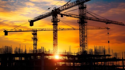 Dramatic Silhouetted Cranes at Sunset Over Construction Site