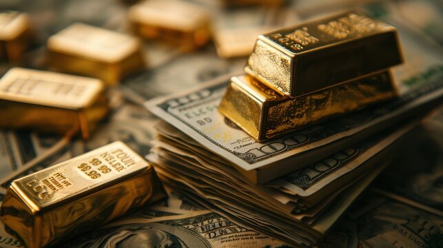 Stacks of Gold Bars and US Dollar Bills Representing Wealth and Financial Success