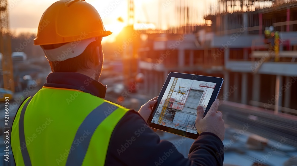 Poster engineer using tablet to scan construction site in sunset lighting