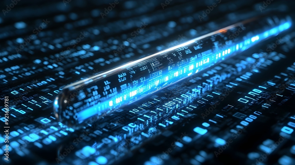 Poster Floating 3D Search Bar Over a Sea of Binary Code Symbolizing Data Processing