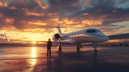  sleek private jet on the tarmac at sunset, Transport concept, business class, private flights, advertising, private aviation services banner, luxury rich life
