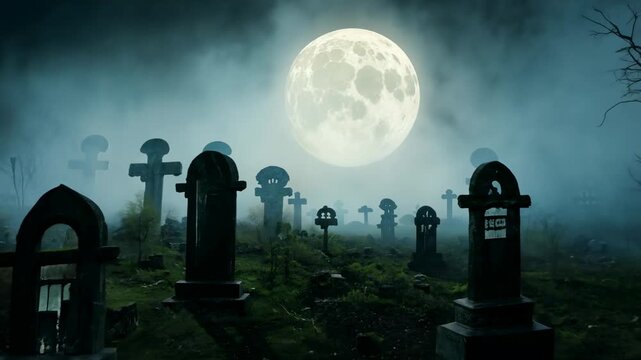 Halloween background - close-up of an old rickety tombstone in an abandoned cemetery in the fog. Spooky landscape for a Halloween theme.