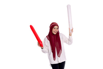 Beautiful indonesian young muslim female in hijab holding balon stick © Stockpict Indonesia