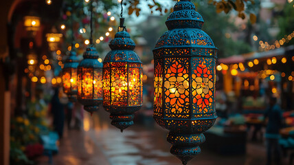 Diwali decorations with colorful lights and lanterns, emphasizing the festival's theme of light and goodness, high resolution.