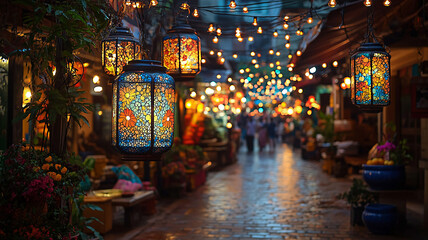 Diwali decorations with colorful lights and lanterns, emphasizing the festival's theme of light and goodness, high resolution.