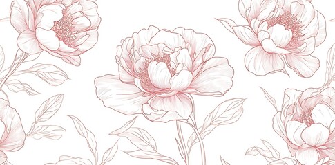 Delicate line art peonies with leaves in pink on white background.