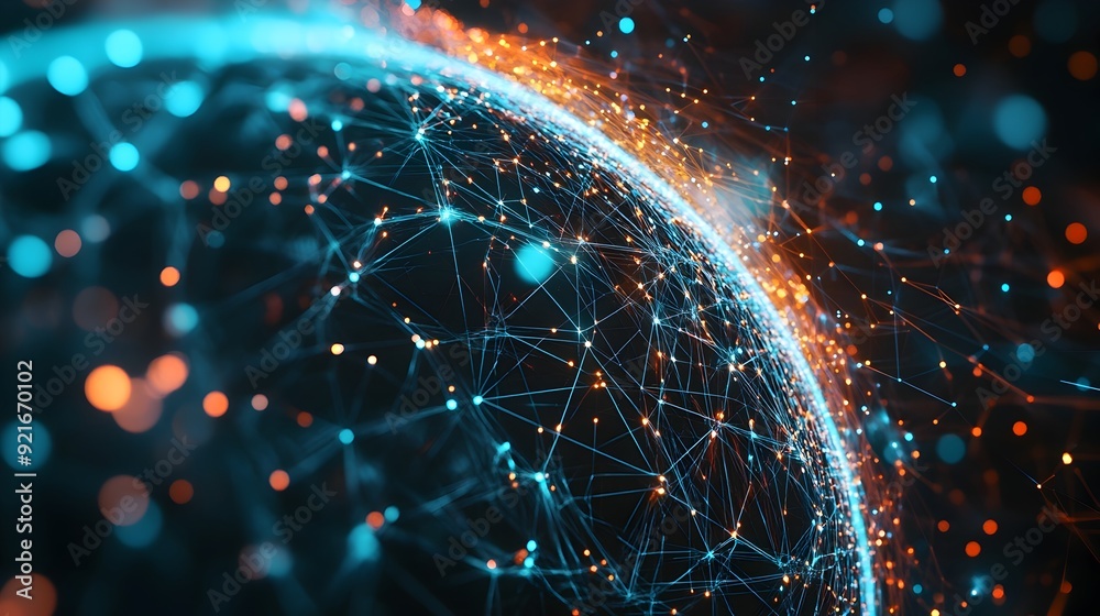 Poster Futuristic 3D Search Engine Globe with Interconnected Data Points Symbolizing Global Search Capability