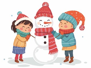 Children make snowman illustration isolated on white. AI generated