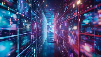 3D Futuristic Digital Corridor with Neon Lights and Data Visualizations - Abstract Background Illustration