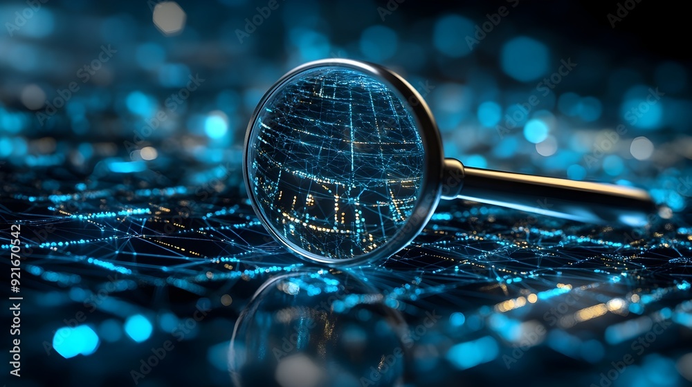 Poster hovering 3d magnifying glass revealing hidden digital network data