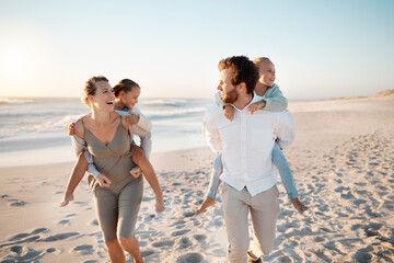 Beach, family and piggyback with children at sunset for outdoor holiday, adventure and weekend trip. Happy, father and mother with kids by ocean in summer for fun vacation, love and travel in Florida
