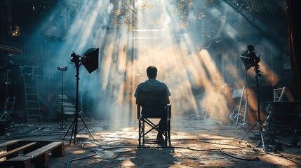 Fototapeta premium Guy in directors chair in front of large movie set
