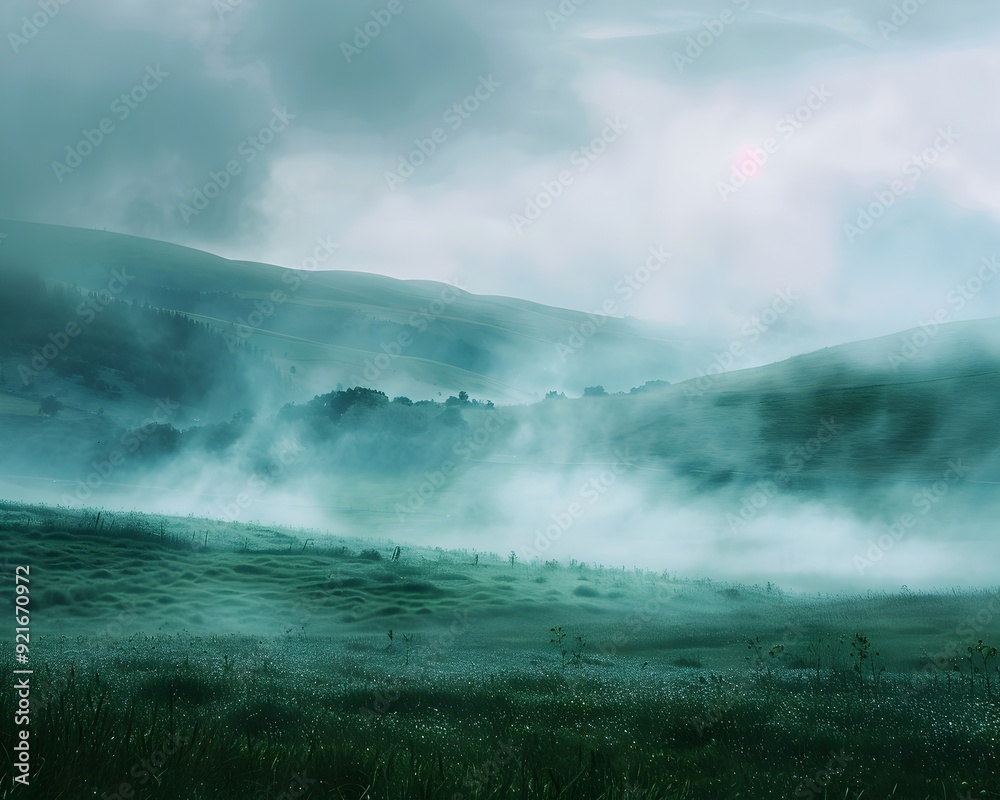 Sticker dramatic and serene rainy landscape with rolling hills and misty fog