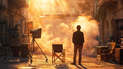 Guy in directors chair in front of large movie set