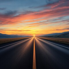 A long, straight road stretches into the horizon under a vibrant sunset, creating a serene and tranquil landscape.