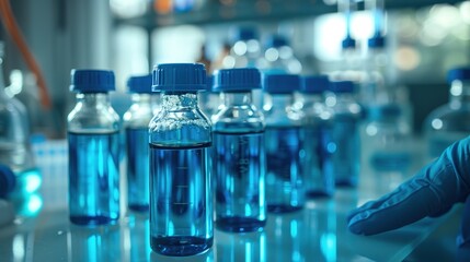 HO scale Close-up of a hand in blue medical gloves holding a glass vial with liquid, with a set of bottles on a table against a light background, emphasizing a medical and science concept,