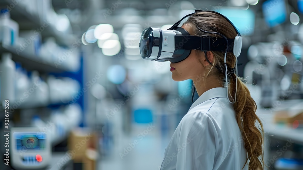 Poster student using vr headset for interactive virtual science experiments and laboratory simulations