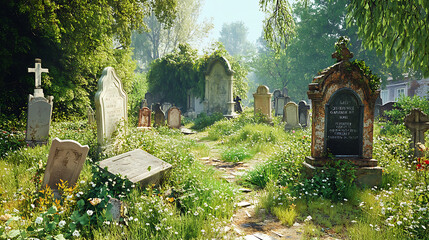 A haunting, overgrown cemetery with crumbling gravestones and a sense of abandonment, reflecting the loss of reverence for the dead. 