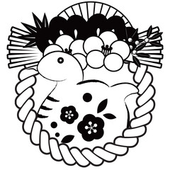 かわいい巳年年賀状アイコン、2025、しめ飾り、イラスト、モノクロ一色蛇