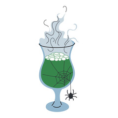 Vector illustration of a spooky Halloween cocktail, bubbling with green liquid in a glass cauldron. Drink adorned with a spider and cobweb, mysterious, eerie vibe. Beverage for Halloween party