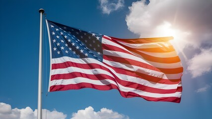 Fototapeta premium Majestic American Flag Waves High Against a Bright Blue Sky