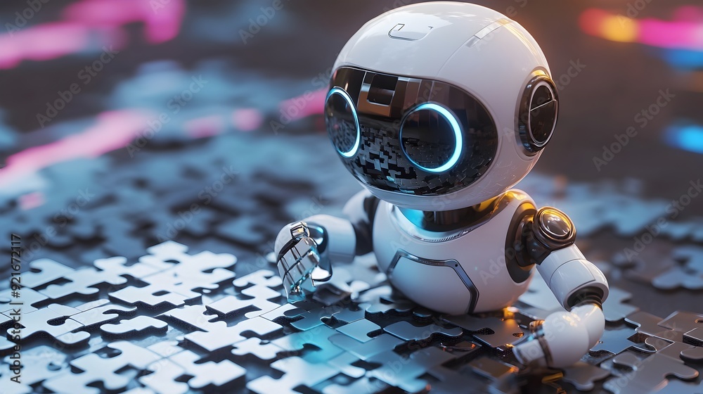 Aufkleber search engine robot assembling digital puzzle for data and discovery