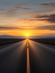 Fototapeta premium A serene landscape featuring an empty road stretching into the horizon, illuminated by a beautiful sunrise.