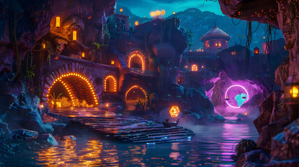 Fantasy 3D Illustration of a Mysterious Nighttime City Built into the Cliffs