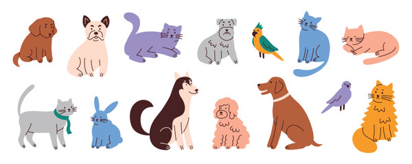 Vector illustration set of cute pets, collection of cats, dogs, parrots. Domestic animals, rabbit icon. Adorable husky, bulldog, schnauzer, doberman, siberian cat. Flat cartoon style for pet care © Elena