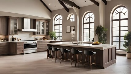 Fototapeta premium Modern appliances and high ceilings combine to create a roomy and sophisticated kitchen.