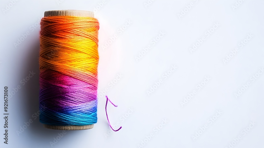 Poster vibrant multicolor spool of thread with unraveled end on white background