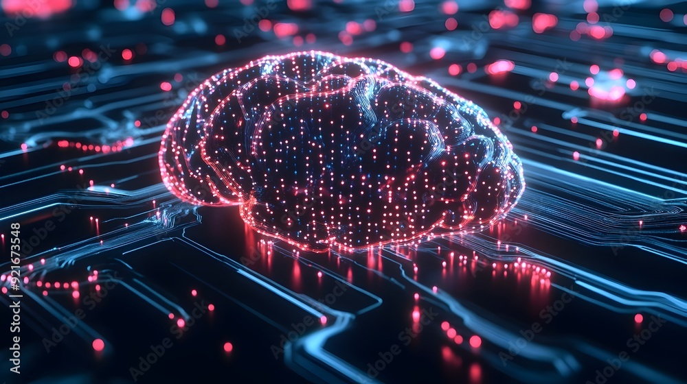 Poster visualizing the ai powered search engine brain a 3d interconnected digital network