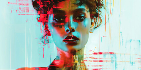 Fashionable woman overlaid with vibrant glitch art elements.
