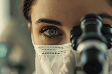 close up of female scientist looking through microscope, Generative AI