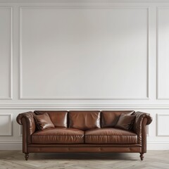 frontal view of a modern traditional sofa in front of a blank wall