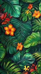 Naklejka premium Lush green leaves and bright orange flowers create a vibrant tropical atmosphere filled with natural beauty