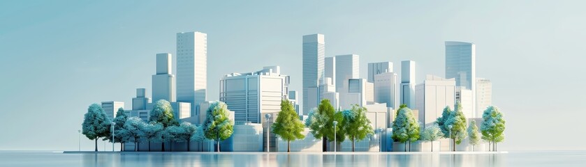 Fototapeta premium Futuristic cityscape with modern architecture and green spaces. Blue sky background. Perfect for urban planning and city development concepts.