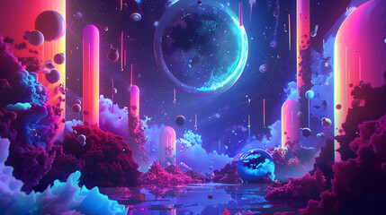 Abstract Illustration of a Dreamy Neon Landscape with Glowing Spheres and a Big Planet