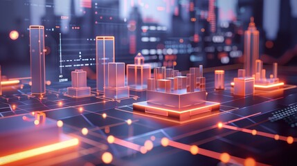 Futuristic cityscape with neon lights and digital city model, representing smart city technology and innovation in urban development.